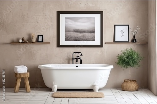 a mockup picture frame on a lovely wall over the bathtub in the bathroom with a planter  furnished with cozy furnishings on a wooden floor  Generative AI