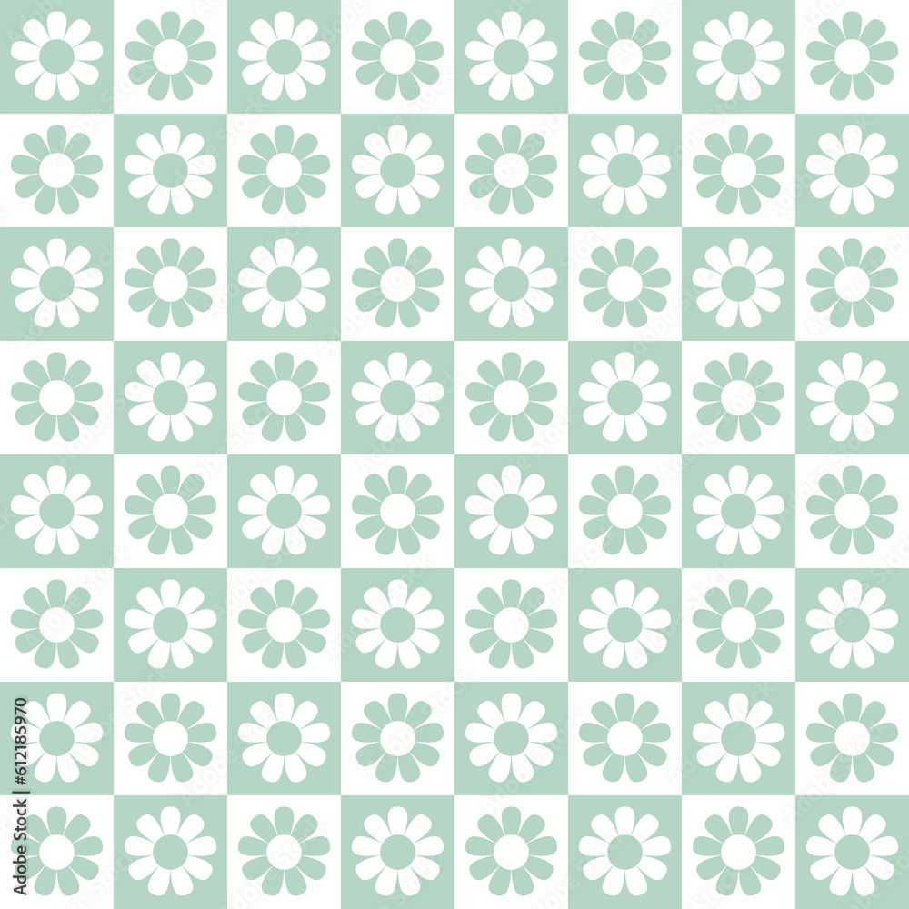 Green pastel checkered with flowers seamless pattern. Vector Repeating Background. Green pastel checkered with flowers seamless pattern. Vector Repeating Background.
