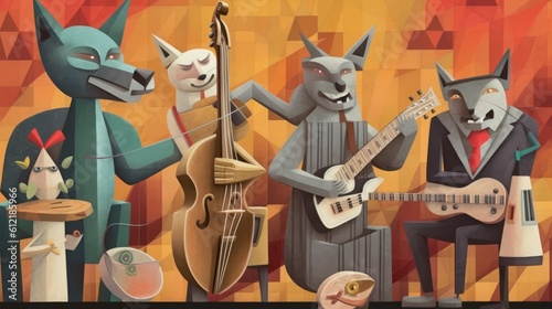 Animals playing music instruments. Cubism style. Made with Generative AI.