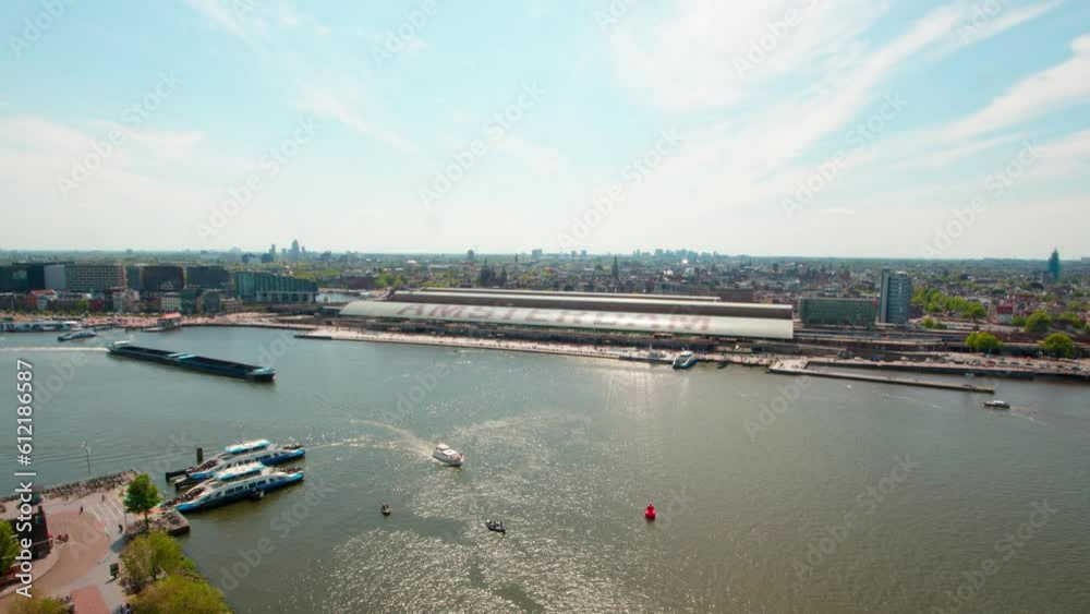 Panoramic Aerial View Of Ij River And Amsterdam Central Station, The Netherlands.