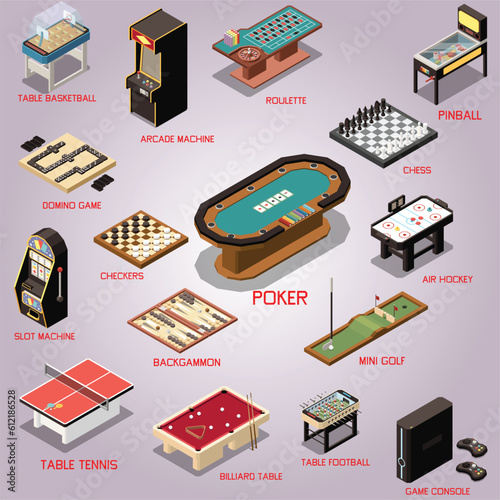 indoor arcade machines table games isometric icons set-isolated vector illustration