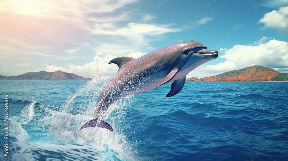 Fototapeta premium dolphin in the ocean with beautiful sunset sky Generative AI