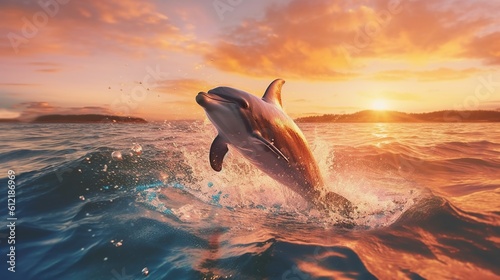 dolphin in the ocean with beautiful sunset sky Generative AI