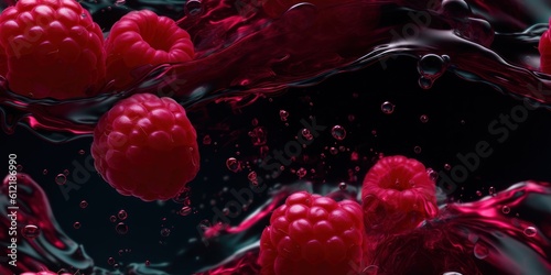 Seamless pattern texture ripe sweet raspberries fly in a stream of juice on a black background. AI generated 
