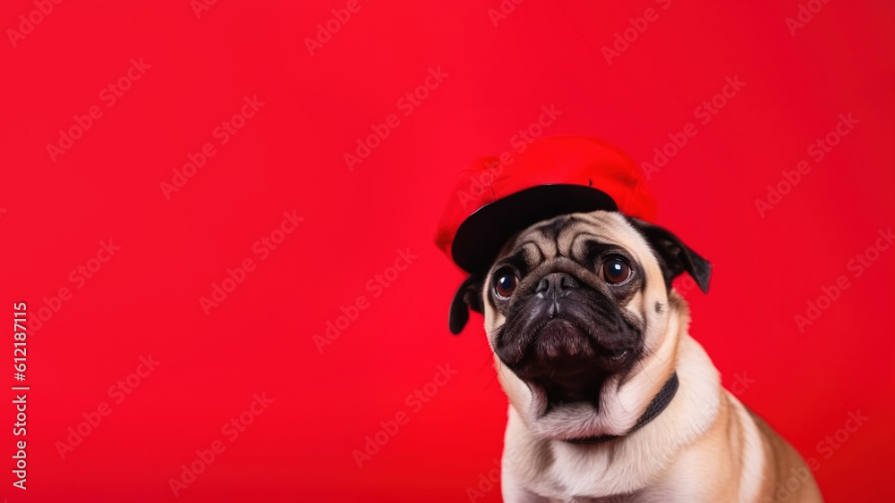 Pug dog on red background with copy space (Generative AI)