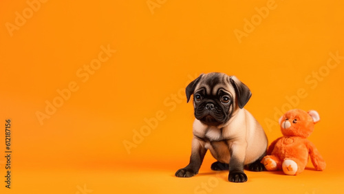 Pug dog on orange background with copy space (Generative AI)