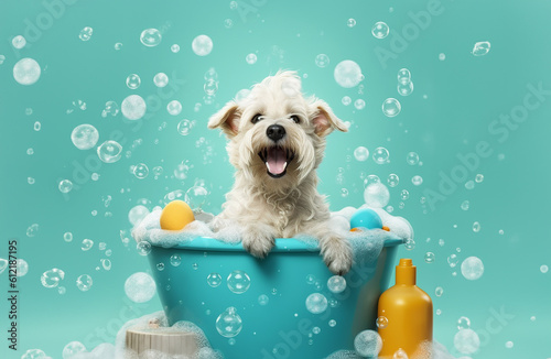 A cute little dog taking a bubble bath with his paws up on bubble the rim of the tub