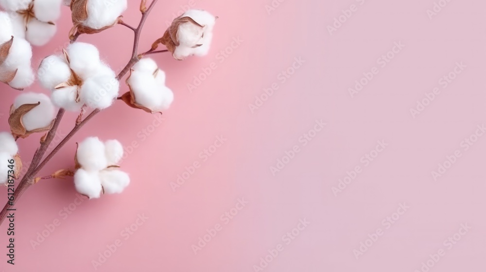 Cotton branch with copy space on pink pastel background. Generative AI.