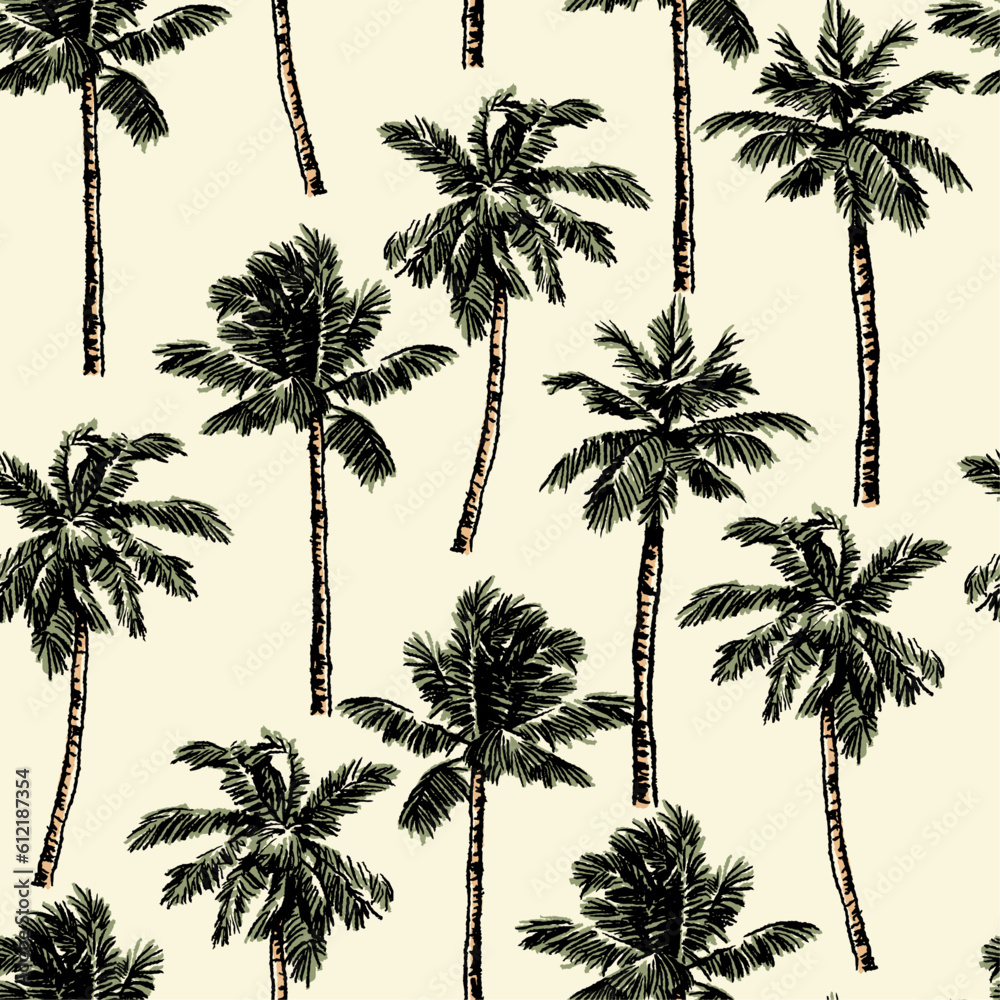SEAMLESS DRAWN HAND PAINTED FERN PALM TREE FLORAL PATTERN SWATCH