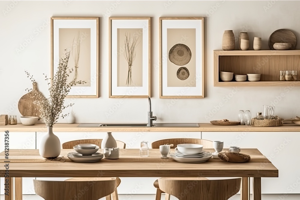 A modern wooden kitchen with a sink, tabletop, square window, and vertically framed poster is seen from the side. the idea of dining at home. a mockup Toned picture Generative AI - obrazy, fototapety, plakaty 