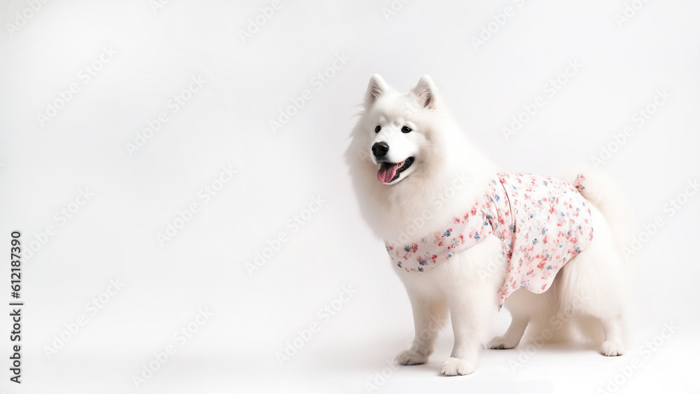 Fototapeta premium Samoyed dog on white background with copy space (Generative AI)