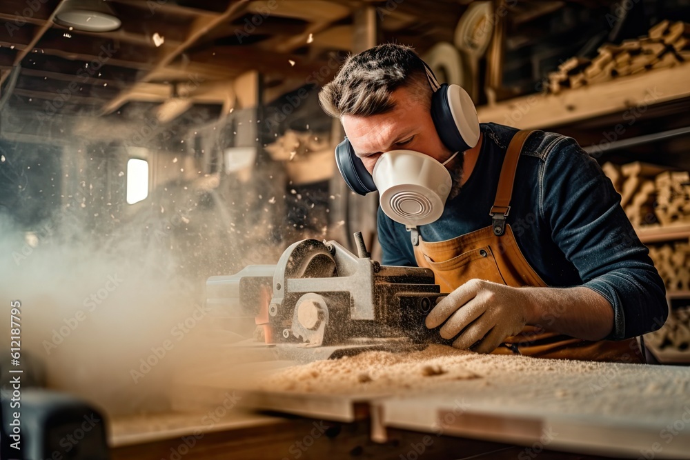 Carpenter working in his carpentry workshop. Confident young male carpenter in protective mask and working with wood in his workshop - obrazy, fototapety, plakaty 