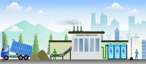 Biomass energy production process vector illustration, biomass power plant banner design, renewable energy industry background concept, Agricultural alternative power generation from livestock