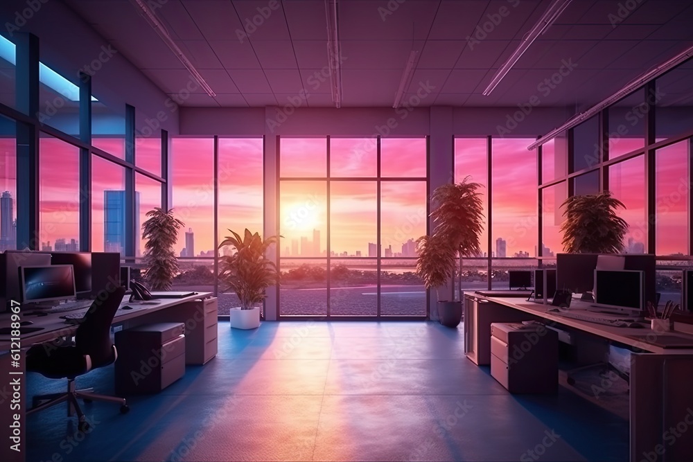 Brightly colored empty space at the business center. office environment Sunset. mockup Generative AI
