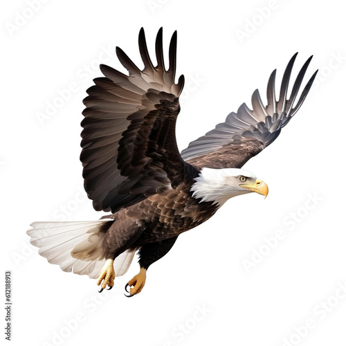 bald eagle Bird Flying in the air with open wingspan isolated on white background, Generative Ai