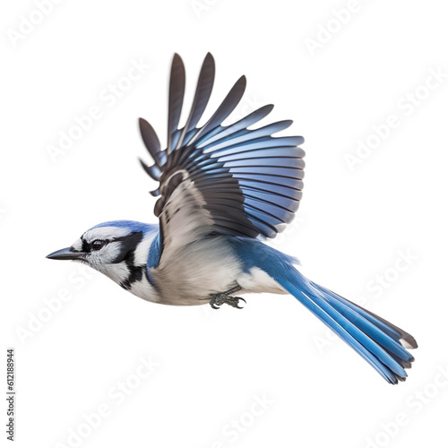 Blue Jay Bird Flying in the air with open wingspan isolated on white background, Generative Ai photo