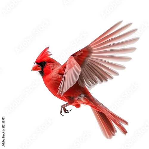 Cardinal Bird Flying in the air with open wingspan isolated on white background, Generative Ai