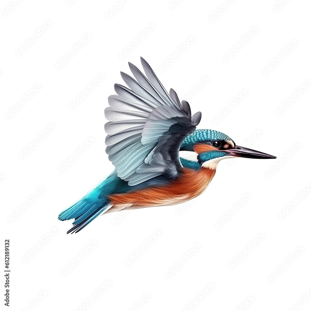 Naklejka premium Kingfisher bird Flying in the air with open wingspan isolated on white background, Generative Ai
