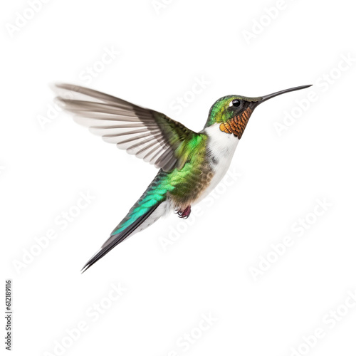 Hummingbird bird Flying in the air with open wingspan isolated on white background, Generative Ai © SuperPixel Inc