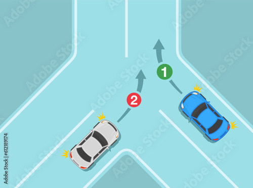 Safe driving tips and traffic regulation rules. Turning priority at Y-intersection. Top view. Flat vector illustration template.