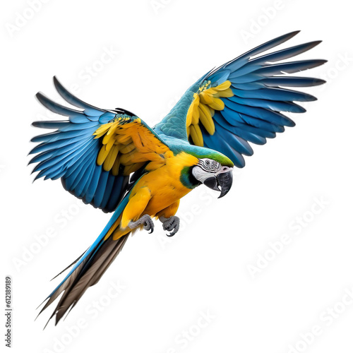 Macaw blue and yellow bird Flying in the air with open wingspan isolated on white background, Generative Ai