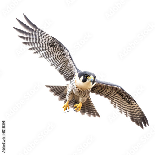 Peregrine Falcon bird Flying in the air with open wingspan isolated on white background, Generative Ai