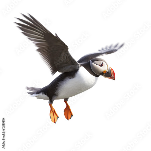 Puffin bird Flying in the air with open wingspan isolated on white background, Generative Ai © SuperPixel Inc