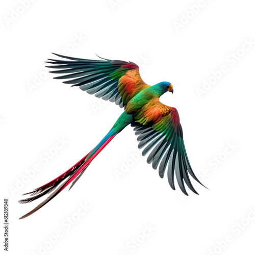Quetzal bird Flying in the air with open wingspan isolated on white background, Generative Ai