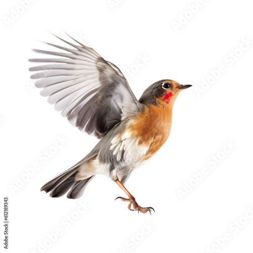 Robin bird Flying in the air with open wingspan isolated on white background, Generative Ai