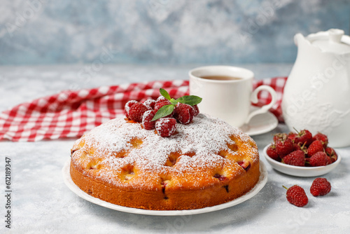 Simple cake with powdered sugar and fresh raspberries on a light background. Summer berry dessert.