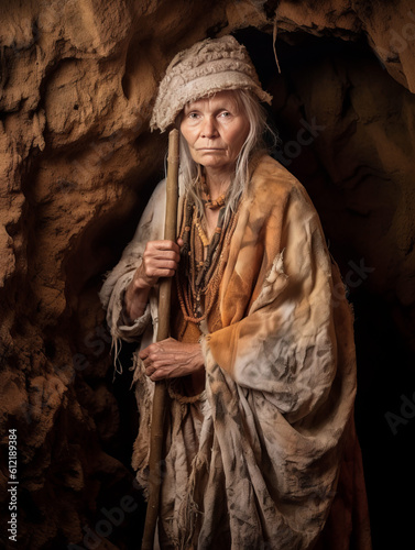 Elderly Woman in Cave, Disabled Prehistoric Person with Walking Stick, Elder Cavewoman Photorealistic Illustration [Generative AI]