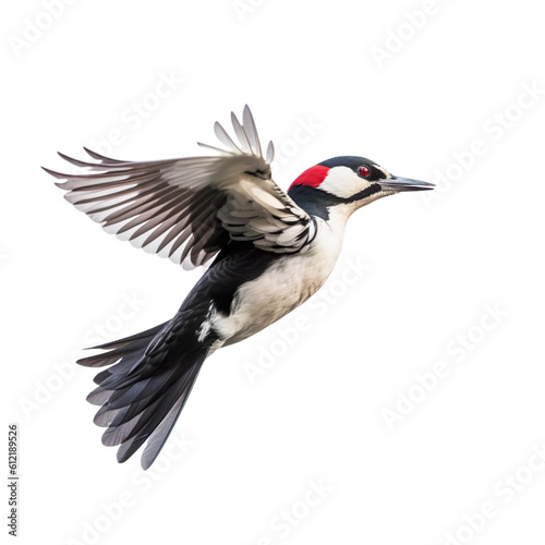 Woodpecker bird Flying in the air with open wingspan isolated on white background, Generative Ai