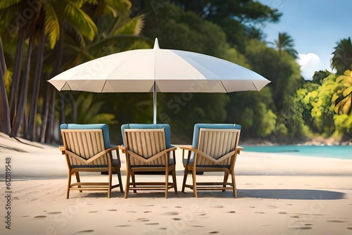 chairs and umbrella on the beach using created using AI Generative Technology