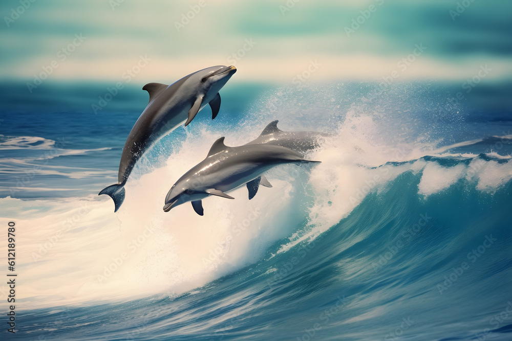 Fototapeta premium Playful dolphins jumping over breaking waves. Hawaii Pacific Ocean wildlife scenery. Marine animals in natural habitat.