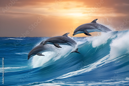 Photographie Playful dolphins jumping over breaking waves
