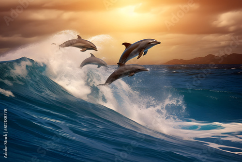 Playful dolphins jumping over breaking waves. Hawaii Pacific Ocean wildlife scenery. Marine animals in natural habitat. © DavidGalih | Dikomo.