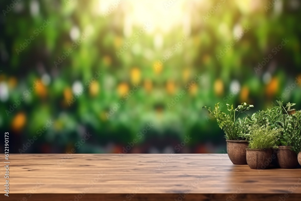 Empty wooden table top and blurred plants on the background copy space for your object product presentation display promotion advertising  Generative AI