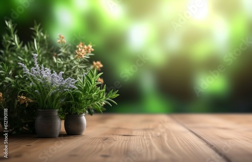 Calm and serene  The peaceful ambiance of the empty wooden table top and blurred plants creates a calm and serene atmosphere for product promotion. Generative AI