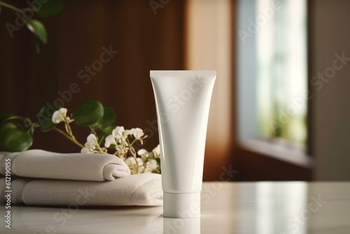 Customizable self-care  The white  unbranded cream tube on a table invites personalization  allowing you to tailor your self-care routine with your preferred moisturizer Generative AI