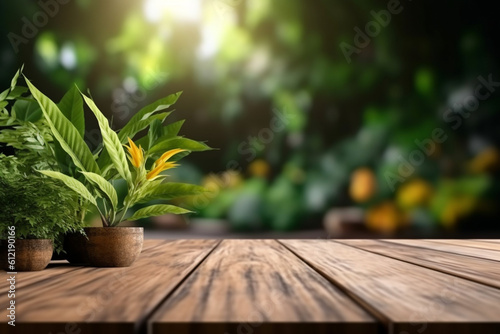 Empty wooden table top and blurred plants on the background copy space for your object product presentation display promotion advertising  Generative AI