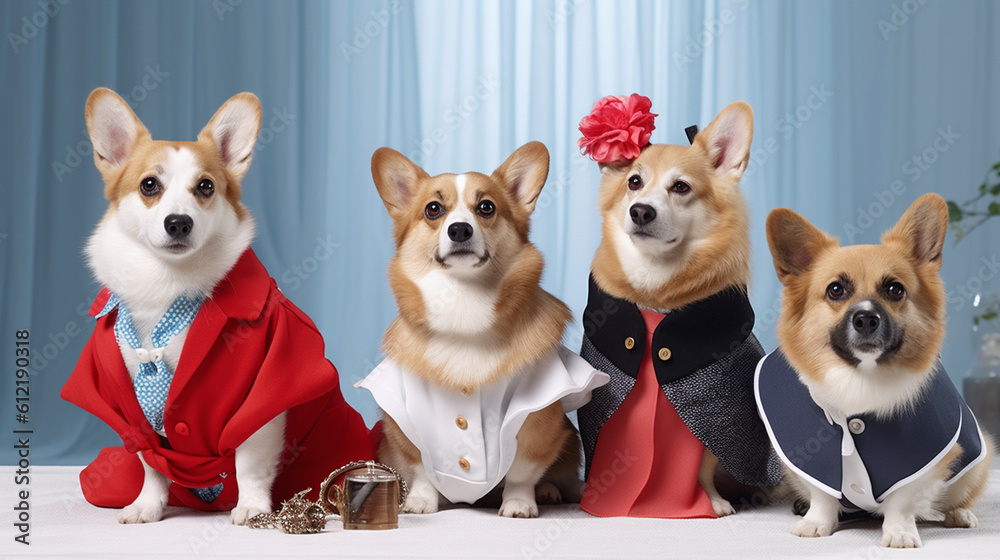 A Group of Corgi Dogs Dressed in Halloween Costumes and Posing for a Photo - Generative AI