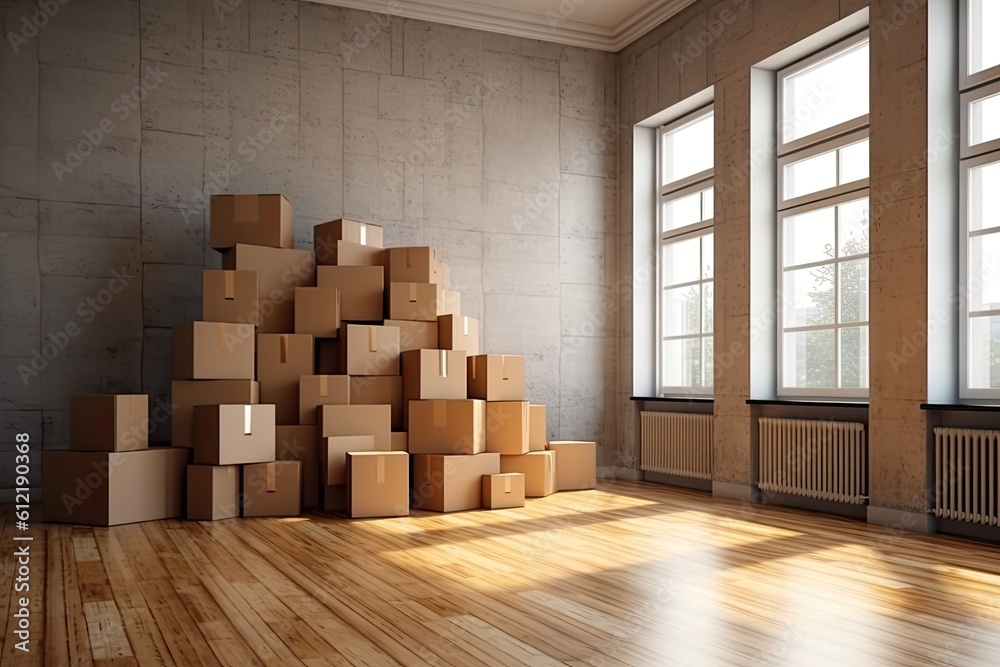 On the wooden floor are stacks of cardboard boxes and a blank poster. looking up. Concept for renovation ideas. a mockup Generative AI