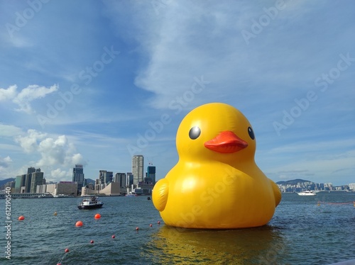 Giant yellow duck balloon exhibition in Victoria harbour, Hong Kong. photo