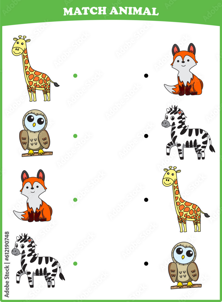 Education game for children connect the same picture of cute cartoon wild animal giraffe owl fox zebra printable Education game for children connect the same picture of cute cartoon wild animal giraffe owl fox zebra printable