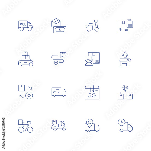 Delivery line icon set on transparent background with editable stroke. Containing cash on delivery, delivery bike, delivery box, warehouse, delivery, delivery truck.