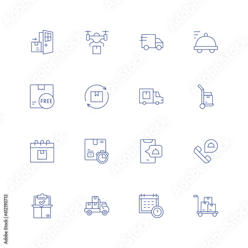 Delivery line icon set on transparent background with editable stroke. Containing door to door, drone delivery, express delivery, food delivery, free delivery, renewal, shipment, hand truck, shipping. © Spaceicon