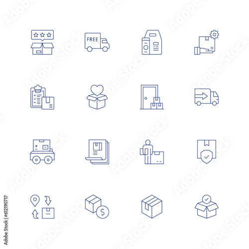 Delivery line icon set on transparent background with editable stroke. Containing best product, free delivery, food delivery, product development, checklist, heart, home delivery, truck, delivery.