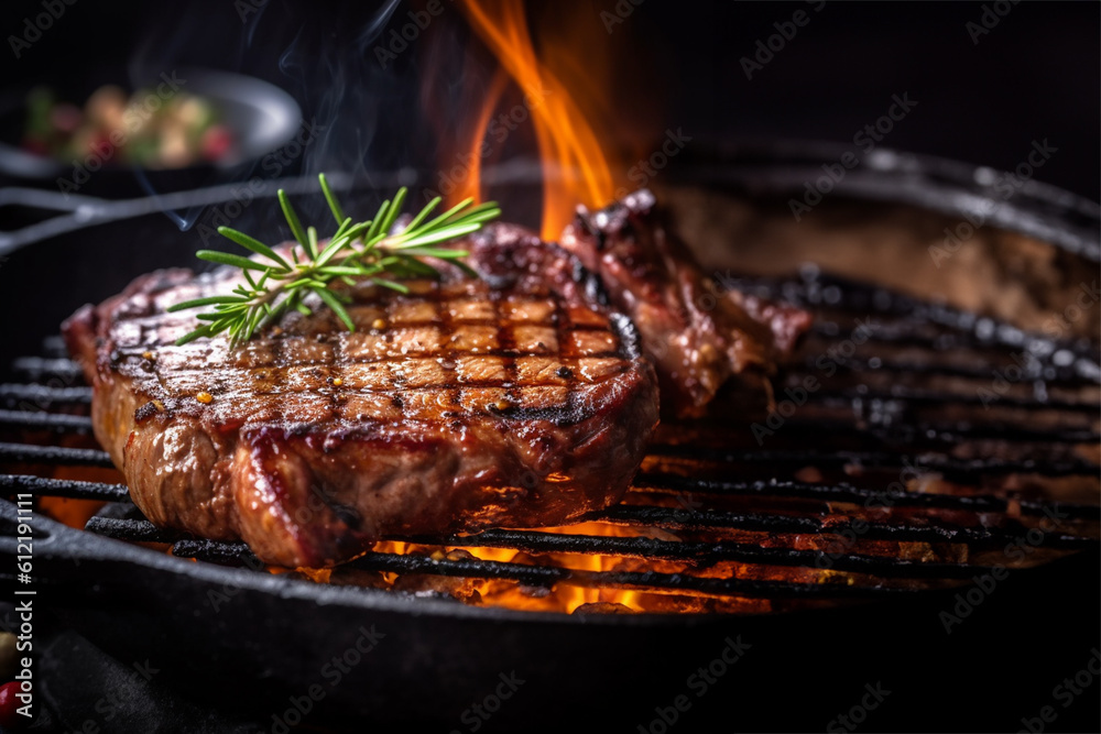 Rib eye steak cooked on a hot fire with dark background