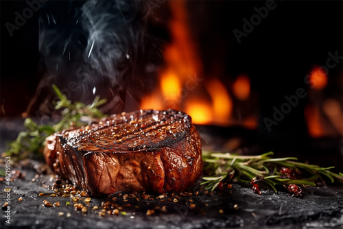 Rib eye steak cooked on a hot fire with dark background