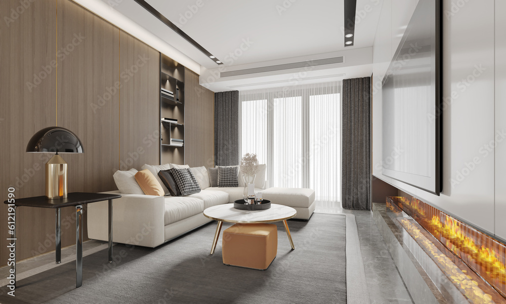 The modern luxury interior of the living room is bright and clean. 3D illustration The modern luxury interior of the living room is bright and clean. 3D illustration